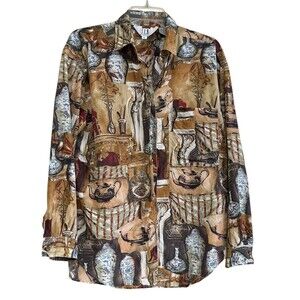 Vintage SLB By Sunny Leigh Womens Button Up Silk Shirt L Tea Pot Print Old Money